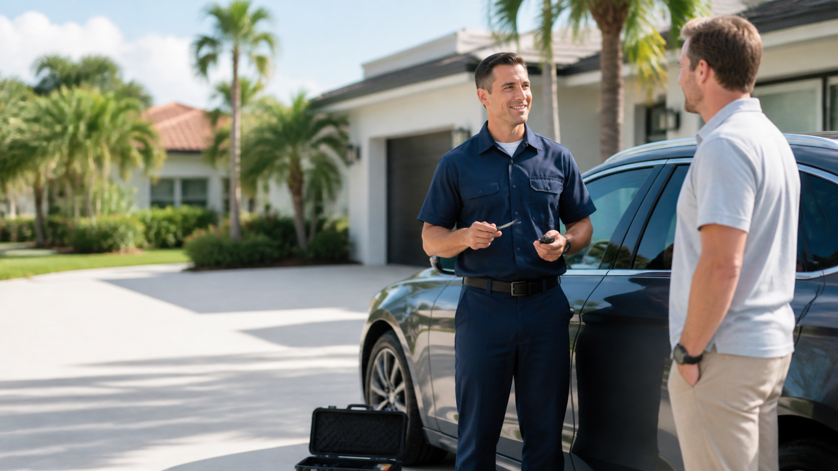 Elite Lock Services automotive locksmith helping a customer beside a vehicle