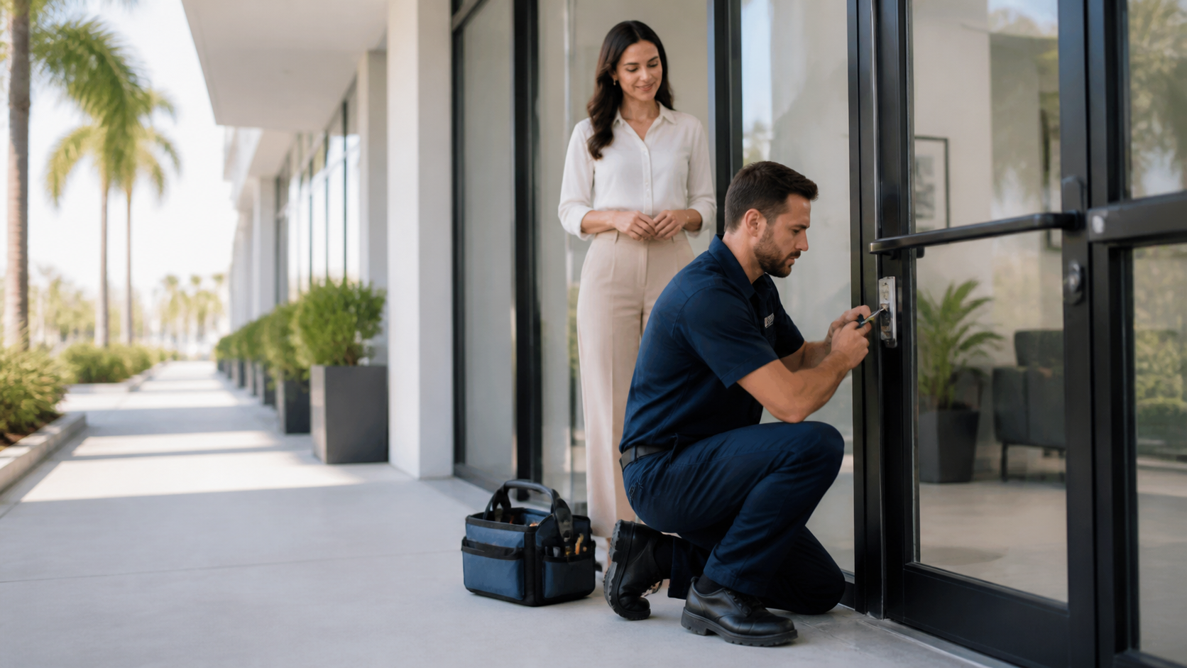 Elite Lock Services commercial locksmith servicing a storefront door
